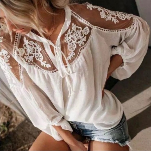 Shop Fig Tops - FLASH SALE! Chiffon Lace White Chiffon Top Blouse